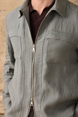 Herren-Set: Leinenjacke mit Reißverschluss in Salbeigrün und braune Hose – ein elegantes, lässiges Sommeroutfit