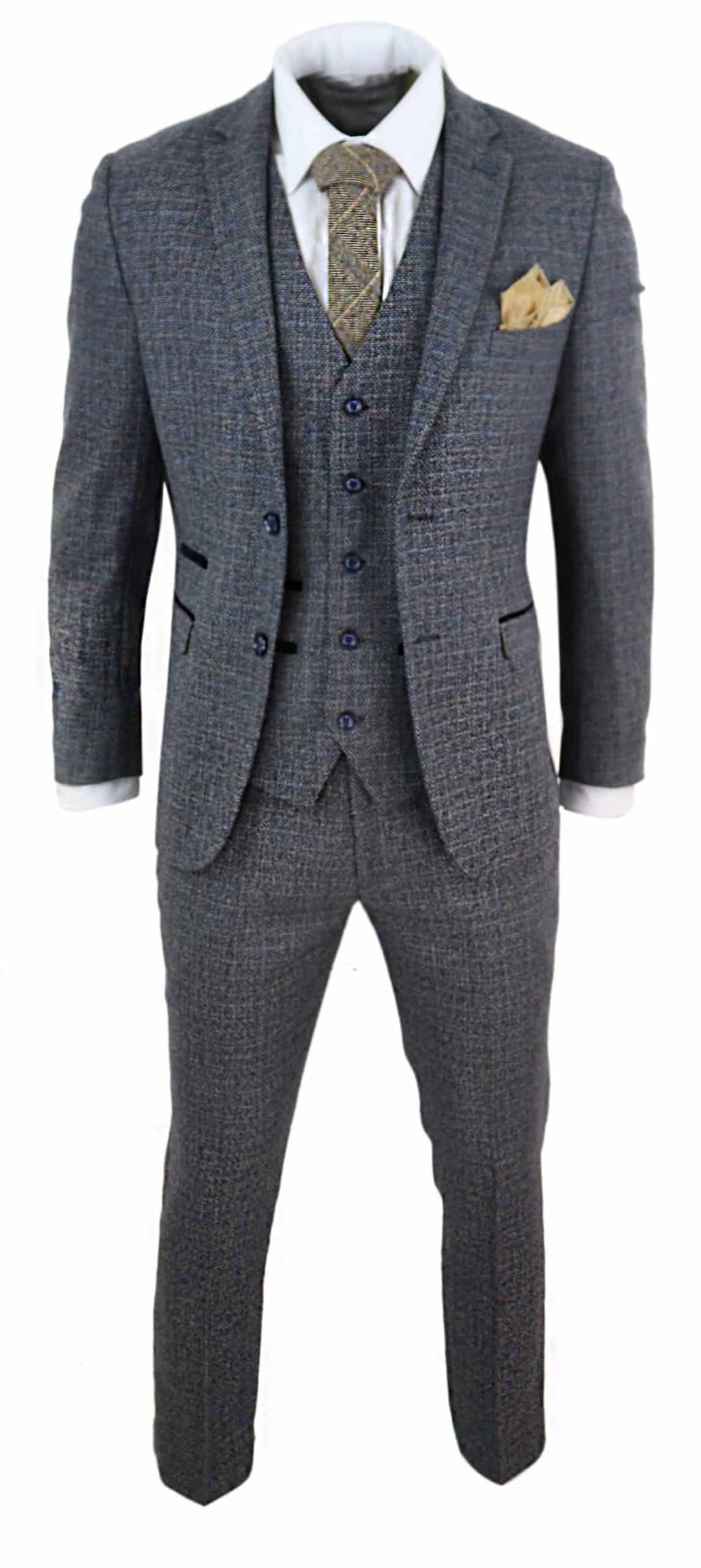 Mens 3 Piece Tweed Check Suit - Navy Blue