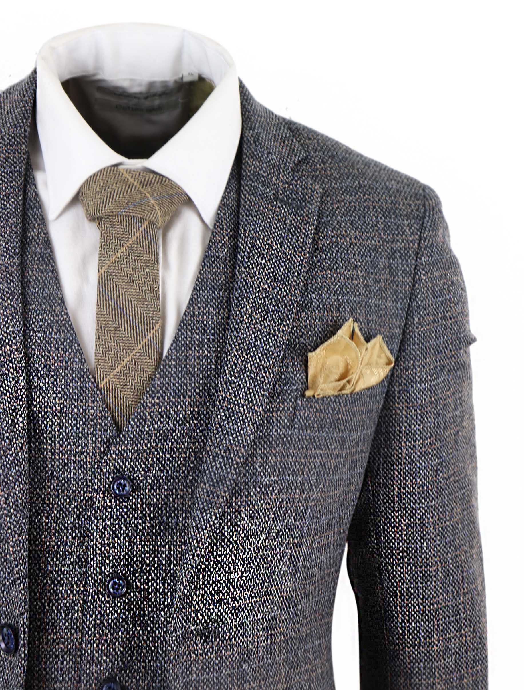 Mens 3 Piece Tweed Check Suit - Navy Blue