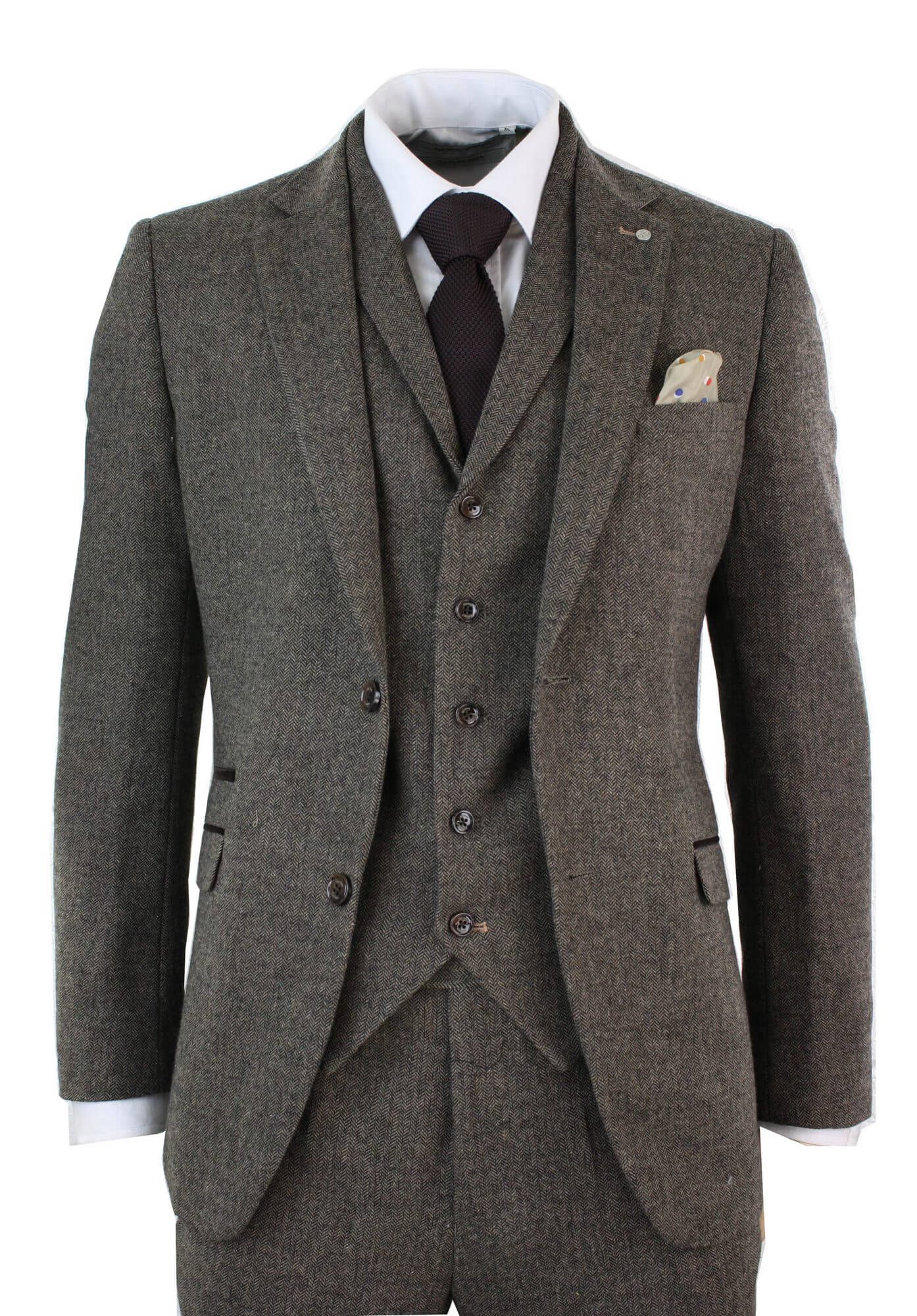 Mens 3 Piece Wool Blend Herringbone Tweed Suit Brown Vintage Tailored Fit Tan