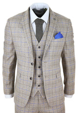 Mens Beige 3 Piece Tweed Check Suit