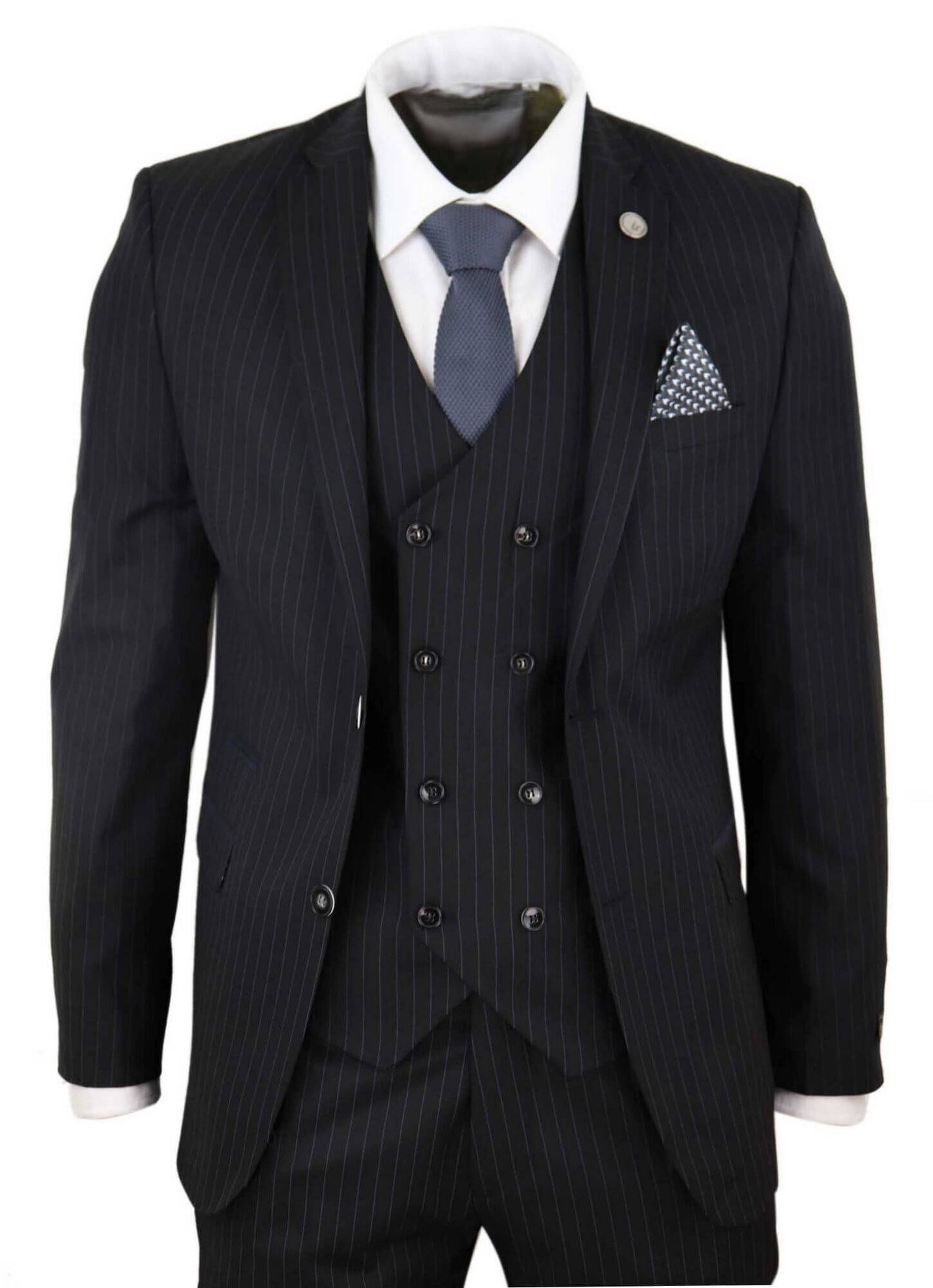 Mens  Black 3 Piece Pinstripe Suit