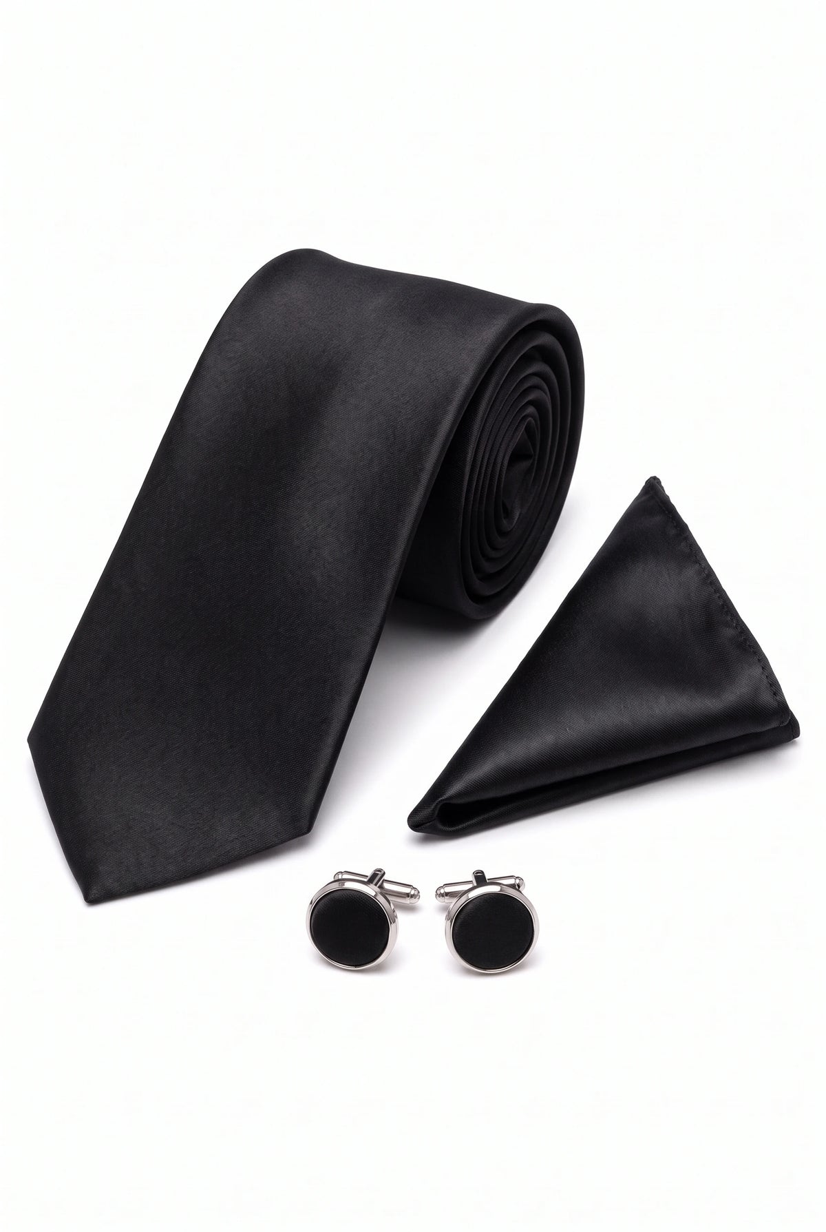 Schwarzes Herren-Krawatten-Set mit Einstecktuch und Manschettenknöpfen