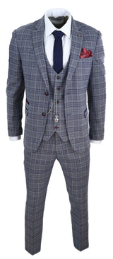 Mens Blue Grey Checkered 3 Piece Suit