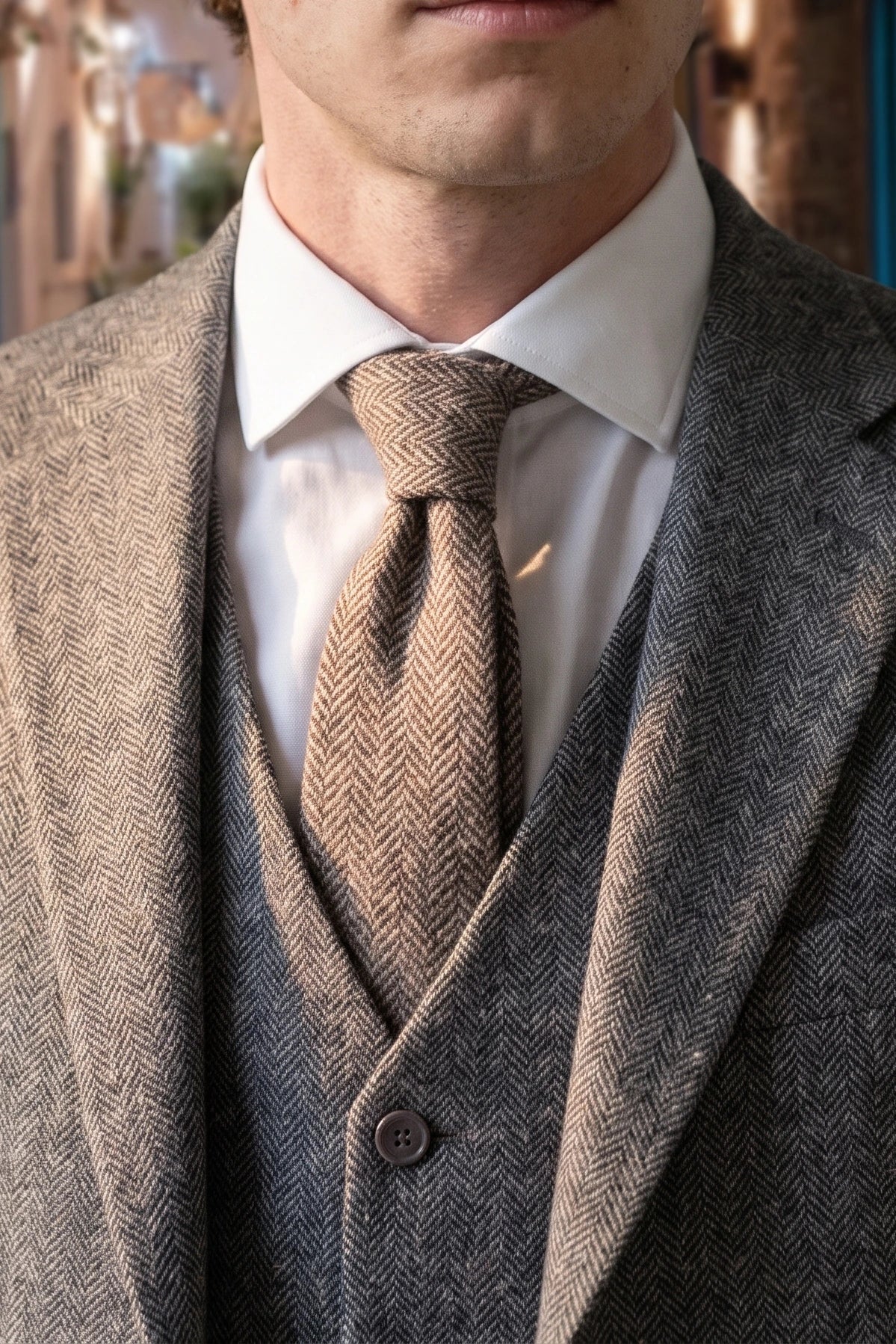 Herrenkrawatte aus braunem Tweed mit Fischgrätmuster