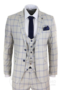 Mens Cream Blue Check Wedding Suit