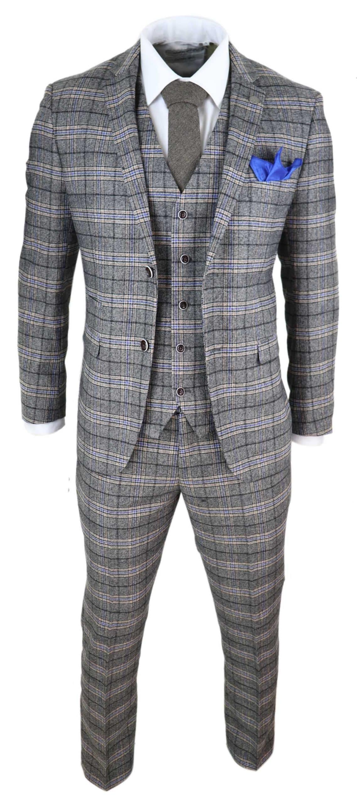 Mens Grey 3 Piece Tweed Check Suit