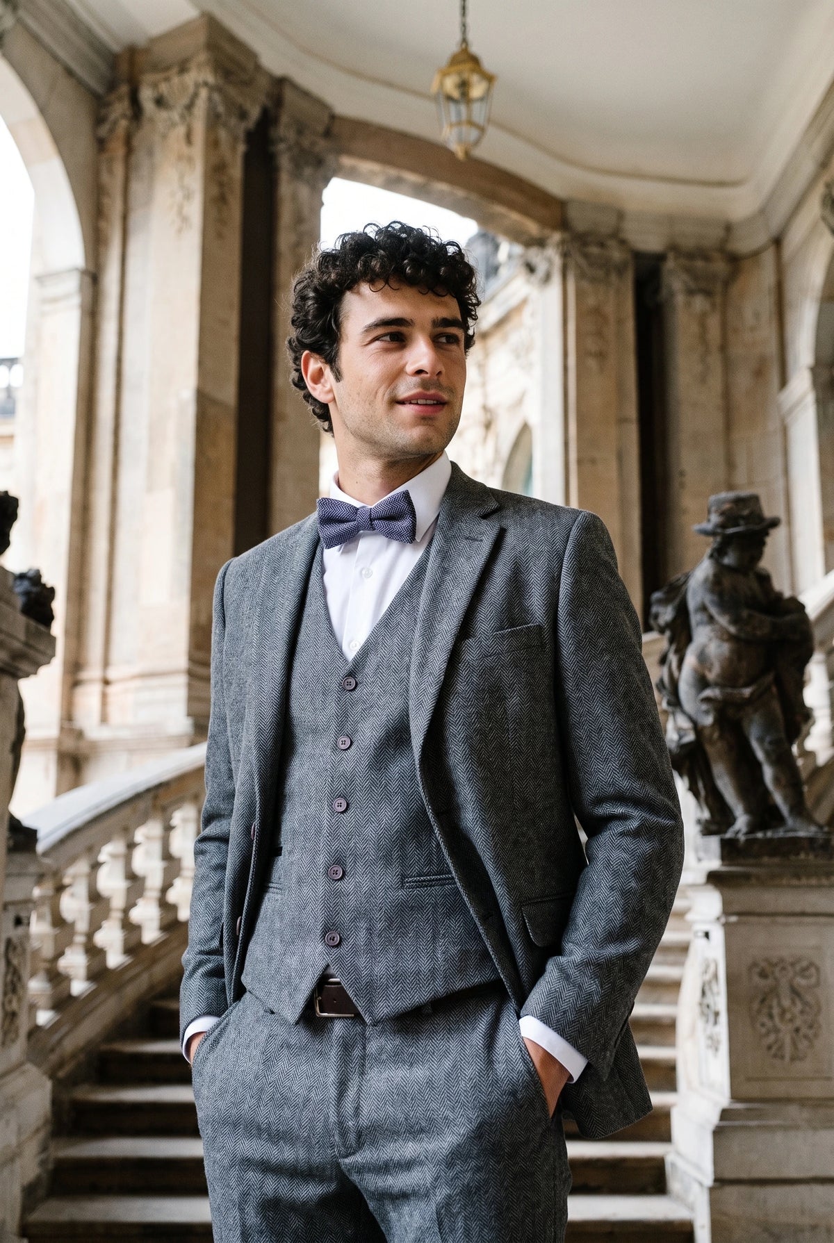 Graue Herrenfliege aus Tweed-Wollmischung