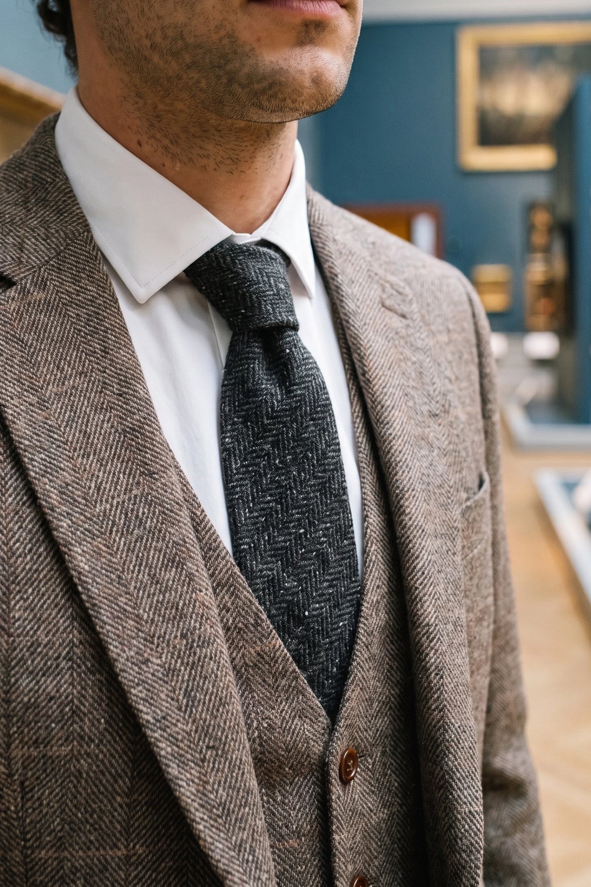 Graue Herrenkrawatte aus Wollmischung und Tweed