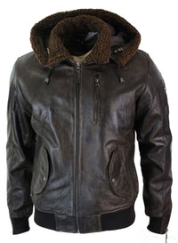 Mens Real Leather Hood Fur Jacket Bomber Aviator Vintage Brown Retro-Brown
