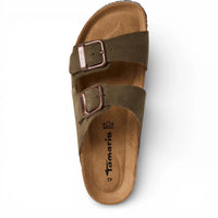Herren-Sandalen aus olivgrünem Leder zum Hineinschlüpfen mit Fußbett