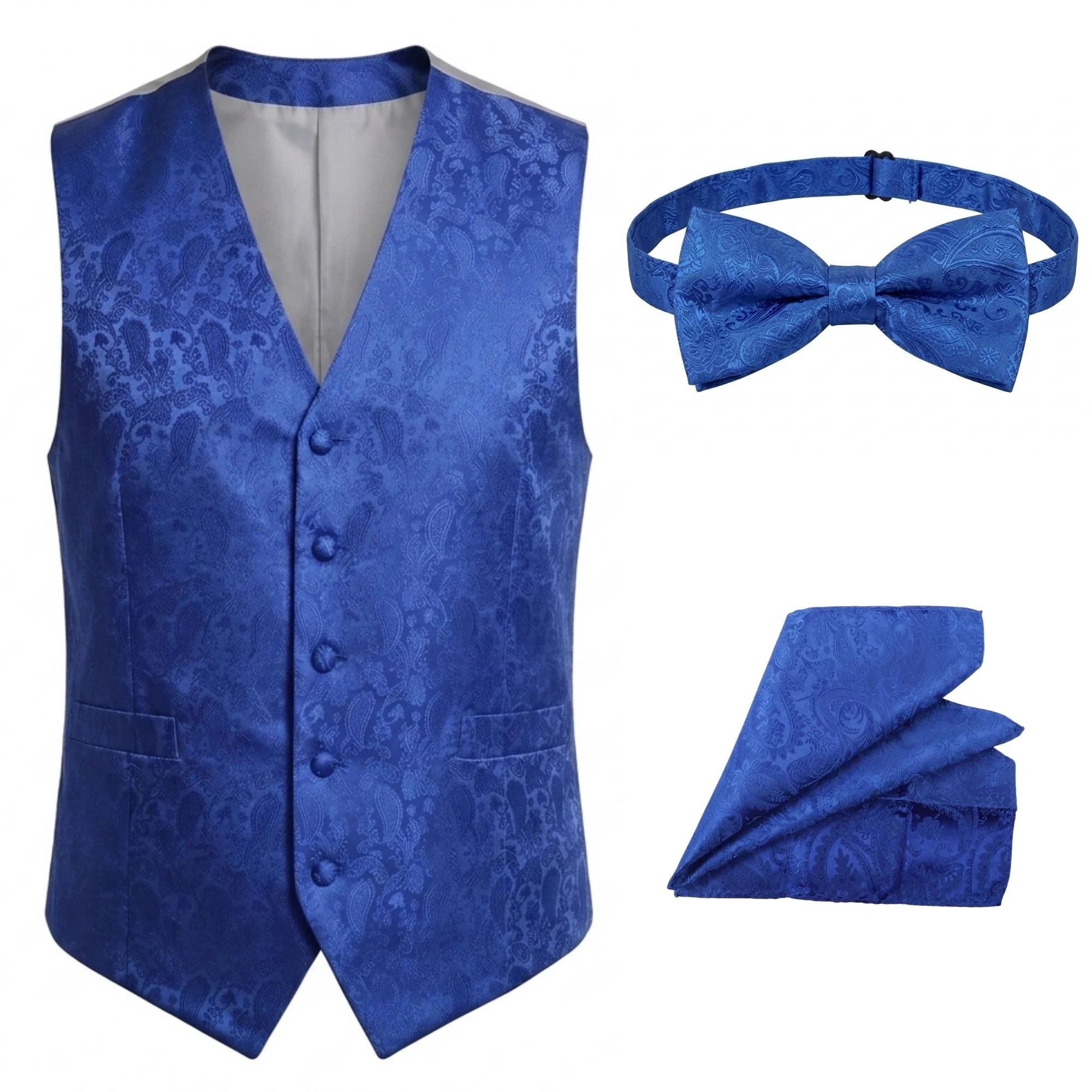 Herren-Set, 3-teilig, mit Paisley-Blumenmuster, Fliege, Einstecktuch und Weste – Blau