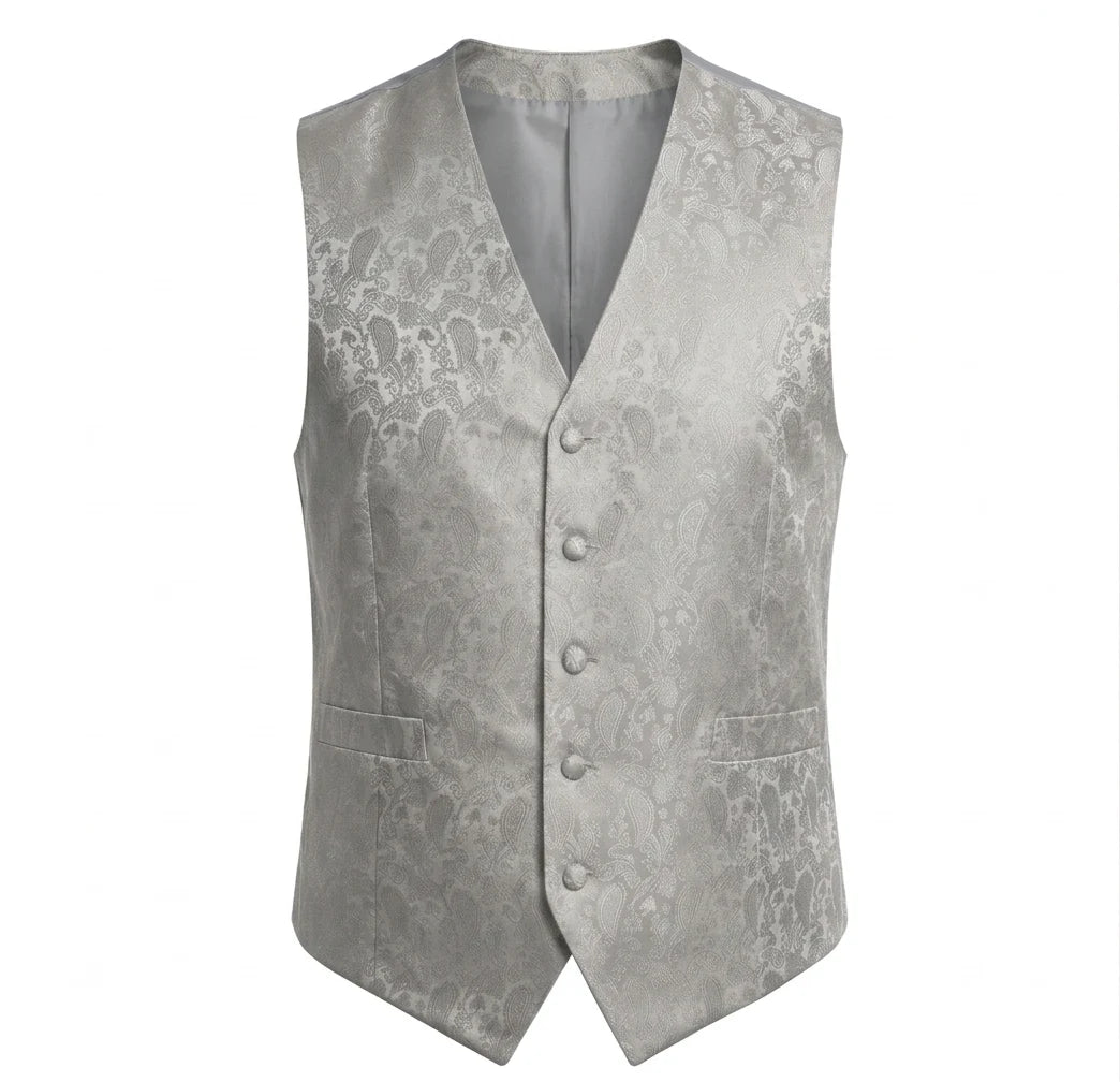Herren-Set mit Paisley-Blumenmuster, 3-teilig: Fliege, Einstecktuch und Weste – Grau