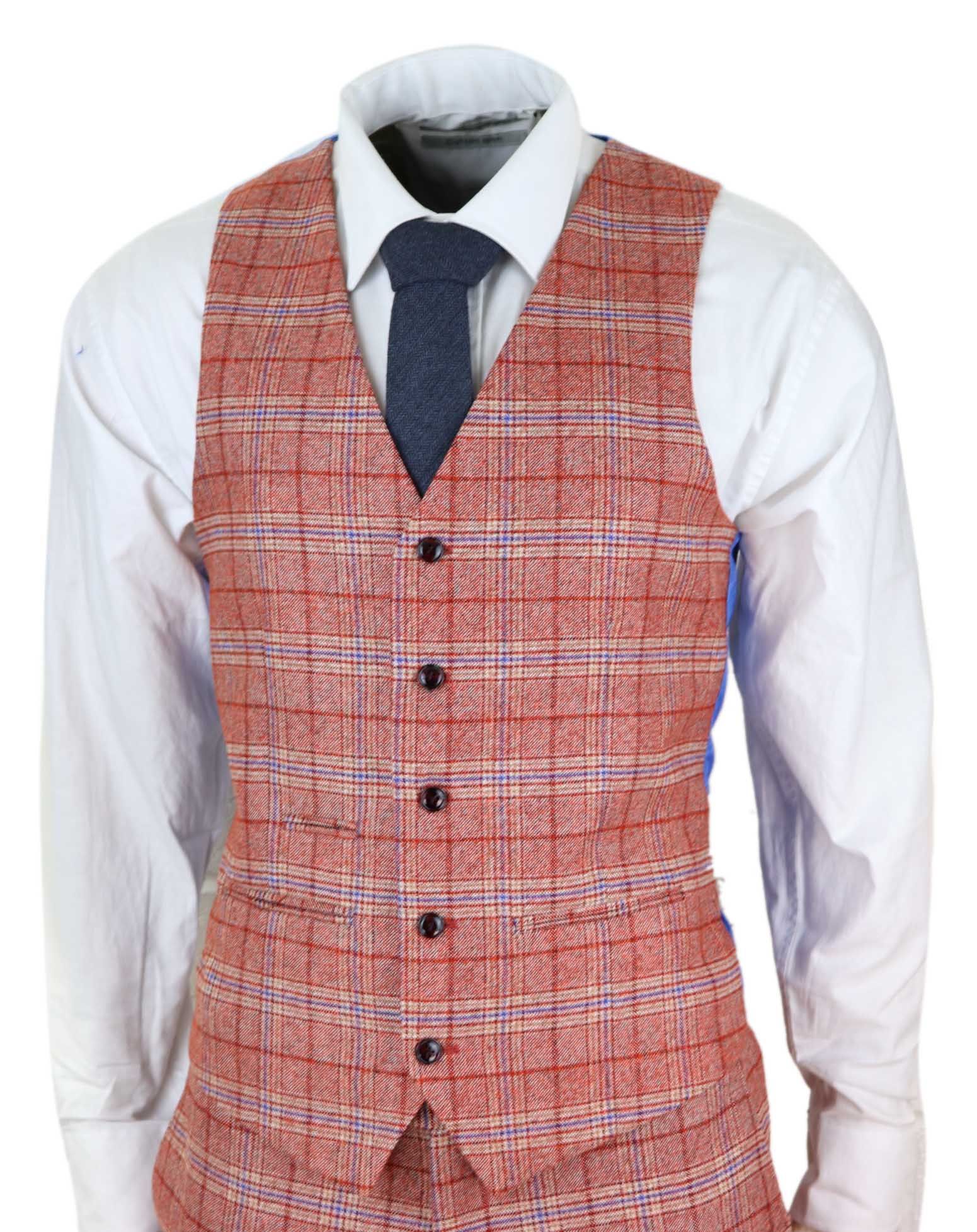 Mens Red 3 Piece Tweed Check Suit