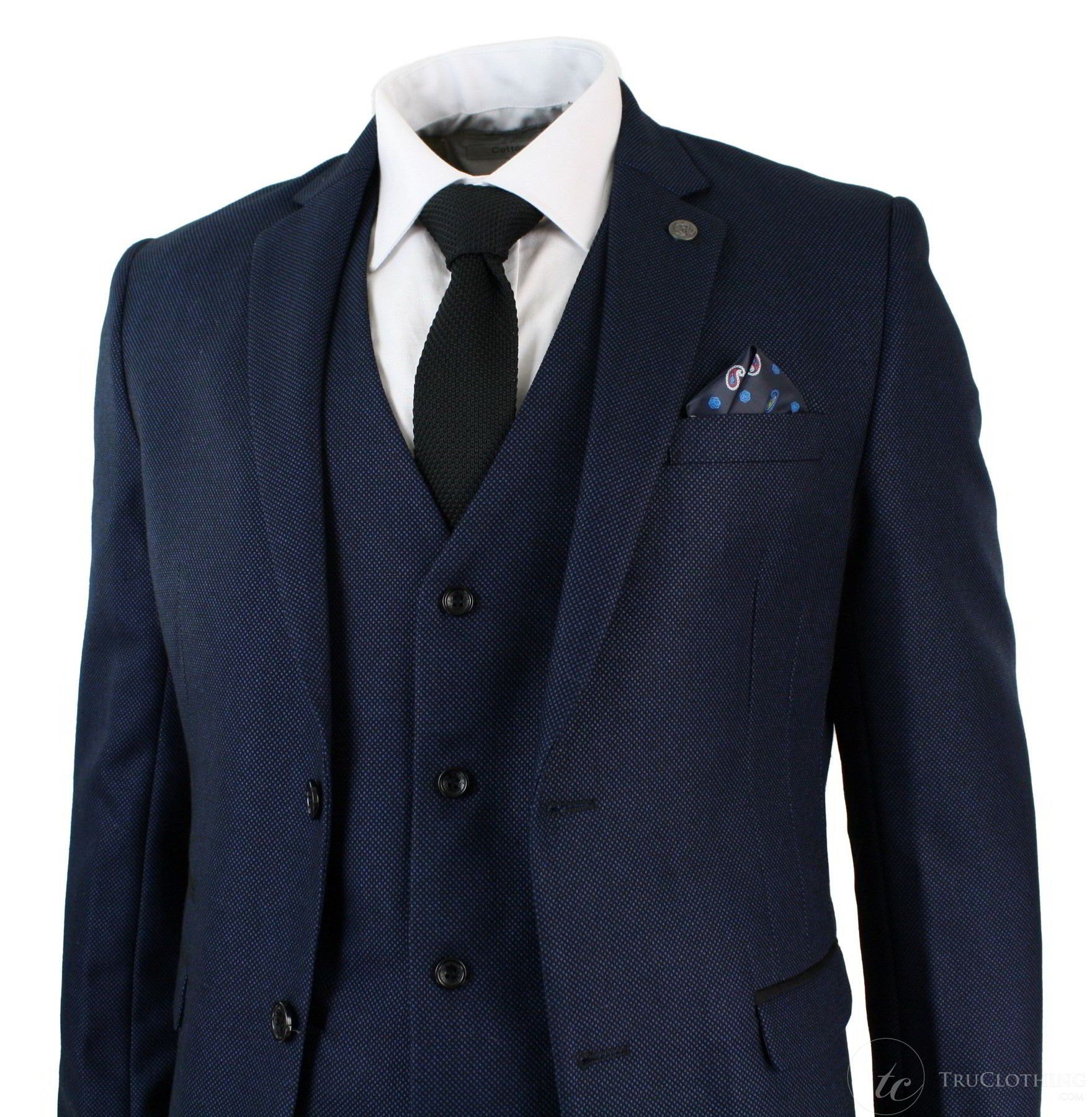 Mens Tailored Fit 3 Piece Blue Black Smart Formal Designer Suit Wedding Party