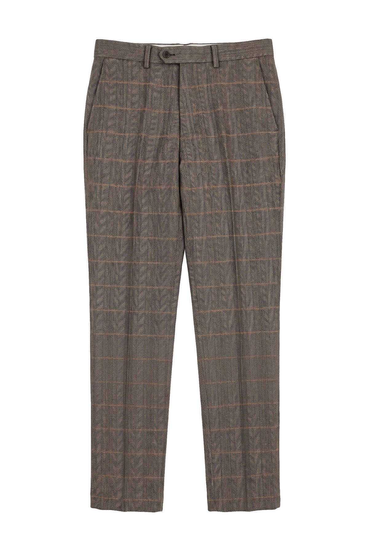 Dx-7 - Herren Tweedhose mit Karomuster, Fischgrätenmuster, Hellbraun, Regular