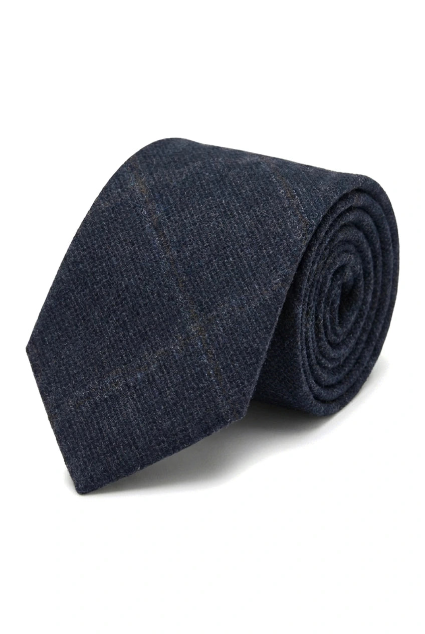 Herrenkrawatte aus Wollmischgewebe mit Fischgrätmuster und Tweed-Karo – Marineblau