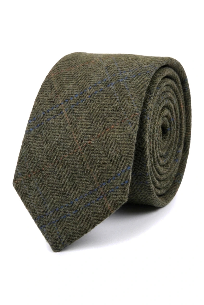 Herrenkrawatte aus Wollmischgewebe mit Fischgrätmuster und Tweed-Optik – Olivgrün