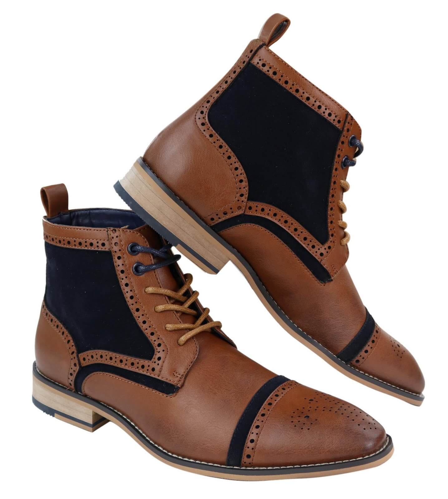 Mens Tan/Navy Leather & Velvet Akle Boots