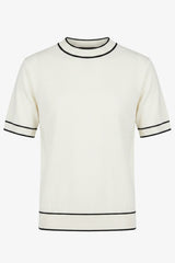 Herren-T-Shirt in Off-White, Strick, normale Passform, Rundhalsausschnitt mit Kontrastbesatz