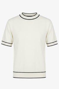 Herren-T-Shirt in Off-White, Strick, normale Passform, Rundhalsausschnitt mit Kontrastbesatz