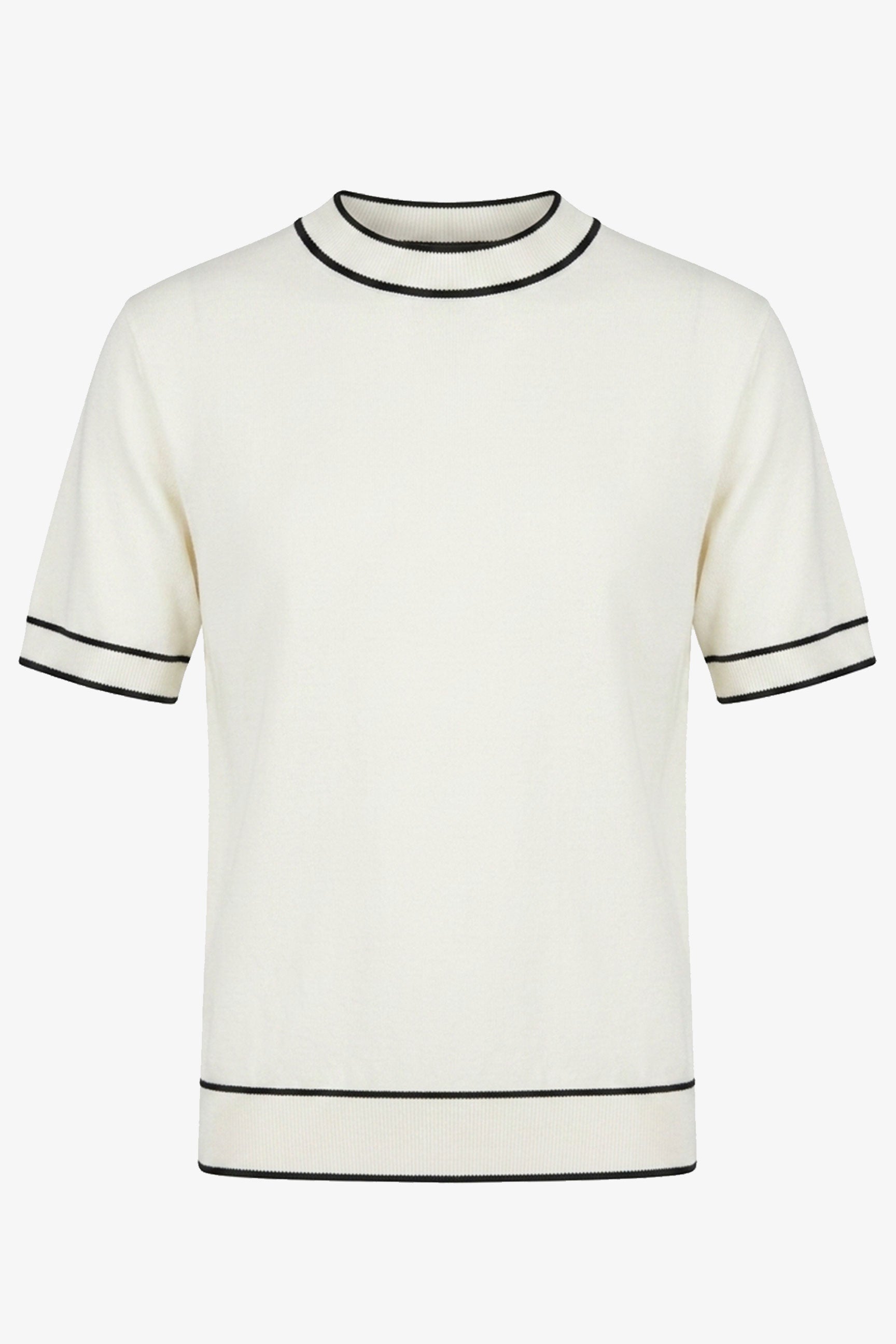 Herren-T-Shirt in Off-White, Strick, normale Passform, Rundhalsausschnitt mit Kontrastbesatz