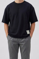 Herren-T-Shirt in Dunkelblau, lockere Passform, offene Kanten, Baumwollmischung, Rundhalsausschnitt