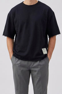 Herren-T-Shirt in Dunkelblau, lockere Passform, offene Kanten, Baumwollmischung, Rundhalsausschnitt