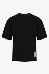 Herren-T-Shirt in Dunkelblau, lockere Passform, offene Kanten, Baumwollmischung, Rundhalsausschnitt