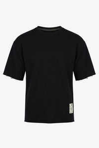Herren-T-Shirt in Dunkelblau, lockere Passform, offene Kanten, Baumwollmischung, Rundhalsausschnitt
