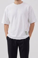 Weißes Herren-T-Shirt mit lockerer Passform, offener Kante, Rundhalsausschnitt, Baumwollmischung