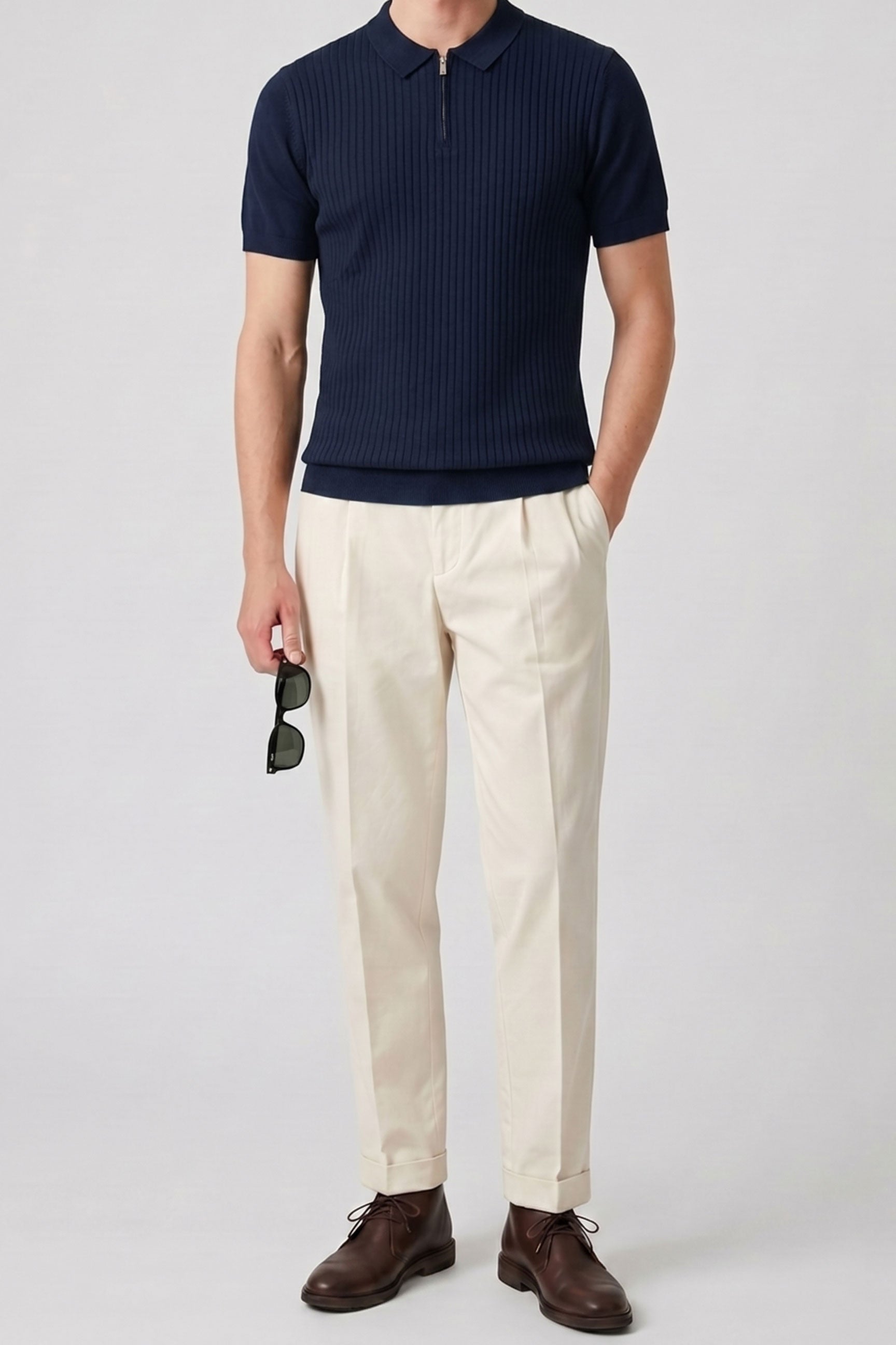 Marineblaues Strick-Poloshirt mit Reißverschluss für Herren