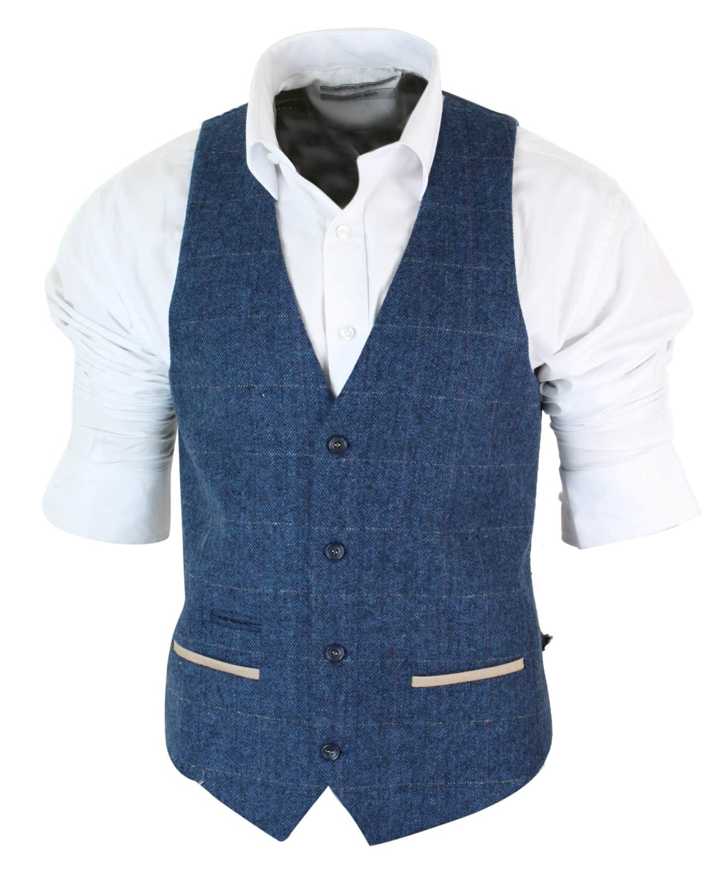 Mens Herringbone Tweed Vintage Check Waistcoat Velvet Trim Blue Brown Grey