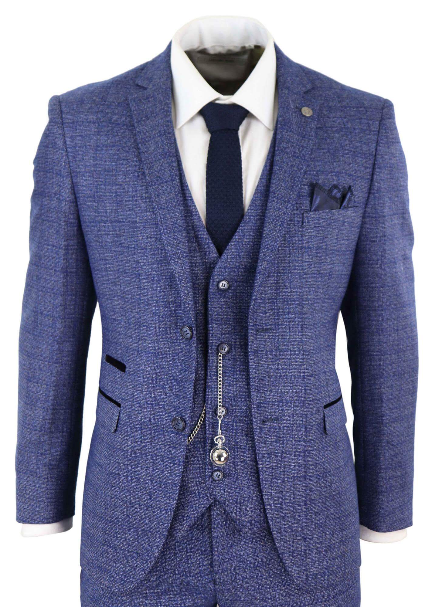 Mens Tweed Blue 3 Piece Check Suit Pocket Watch Tailored Fit Peaky Blinders