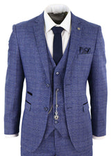 Mens Tweed Blue 3 Piece Check Suit Pocket Watch Tailored Fit Peaky Blinders
