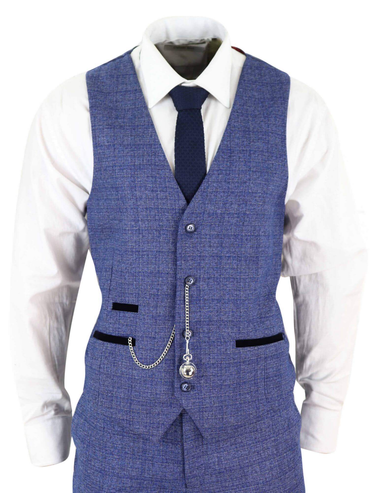 Mens Tweed Blue 3 Piece Check Suit Pocket Watch Tailored Fit Peaky Blinders