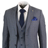 Paul Andrew Henry - Mens 3 Piece Tailored Fit Prince Of Wales Check Grey Blue Tweed Suit Vintage Retro