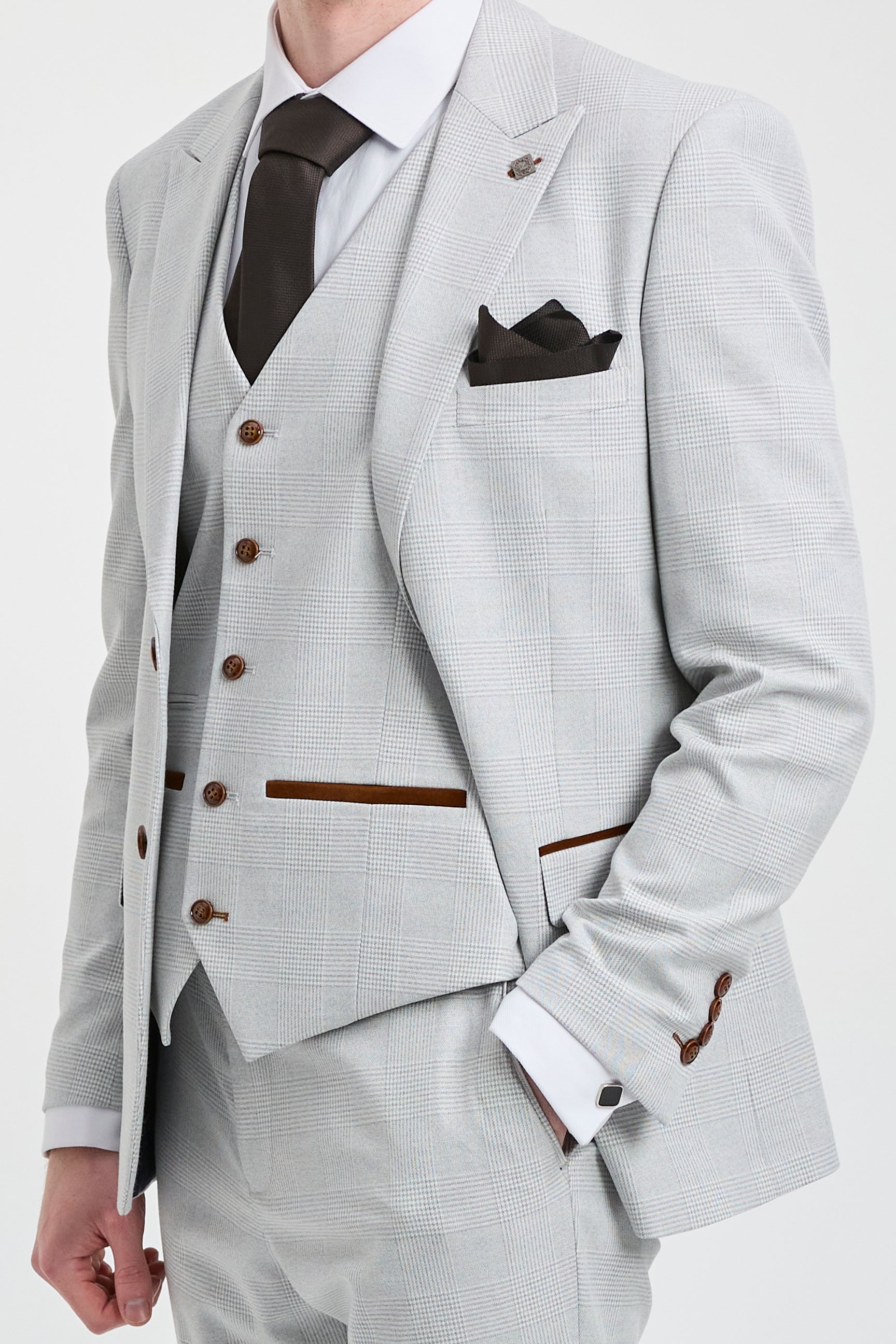 Mark Herrenanzug, dreiteilig, Tweed, kariert, mit braunem Besatz, Grau/Stein, für Hochzeiten und Abschlussbälle