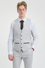 Mark Herrenanzug, dreiteilig, Tweed, kariert, mit braunem Besatz, Grau/Stein, für Hochzeiten und Abschlussbälle