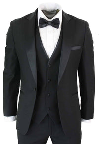 Paul Andrew Regent Black - Mens 3 Piece Black Classic Satin Tuxedo Dinner Suit Tailored Fit Wedding Prom