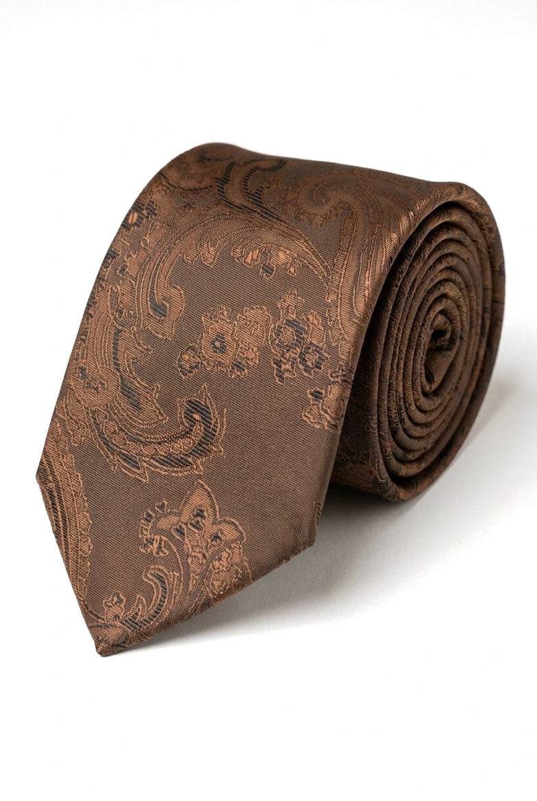 Paisley-Krawatte, braun, Geschenkset, Einstecktuch, Manschettenknöpfe, Krawatte, florales Satin