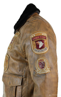 Mens Aviator Flying Pilot Bomber Jacket Vintage Tan Removable Black Fur Collar-Brown
