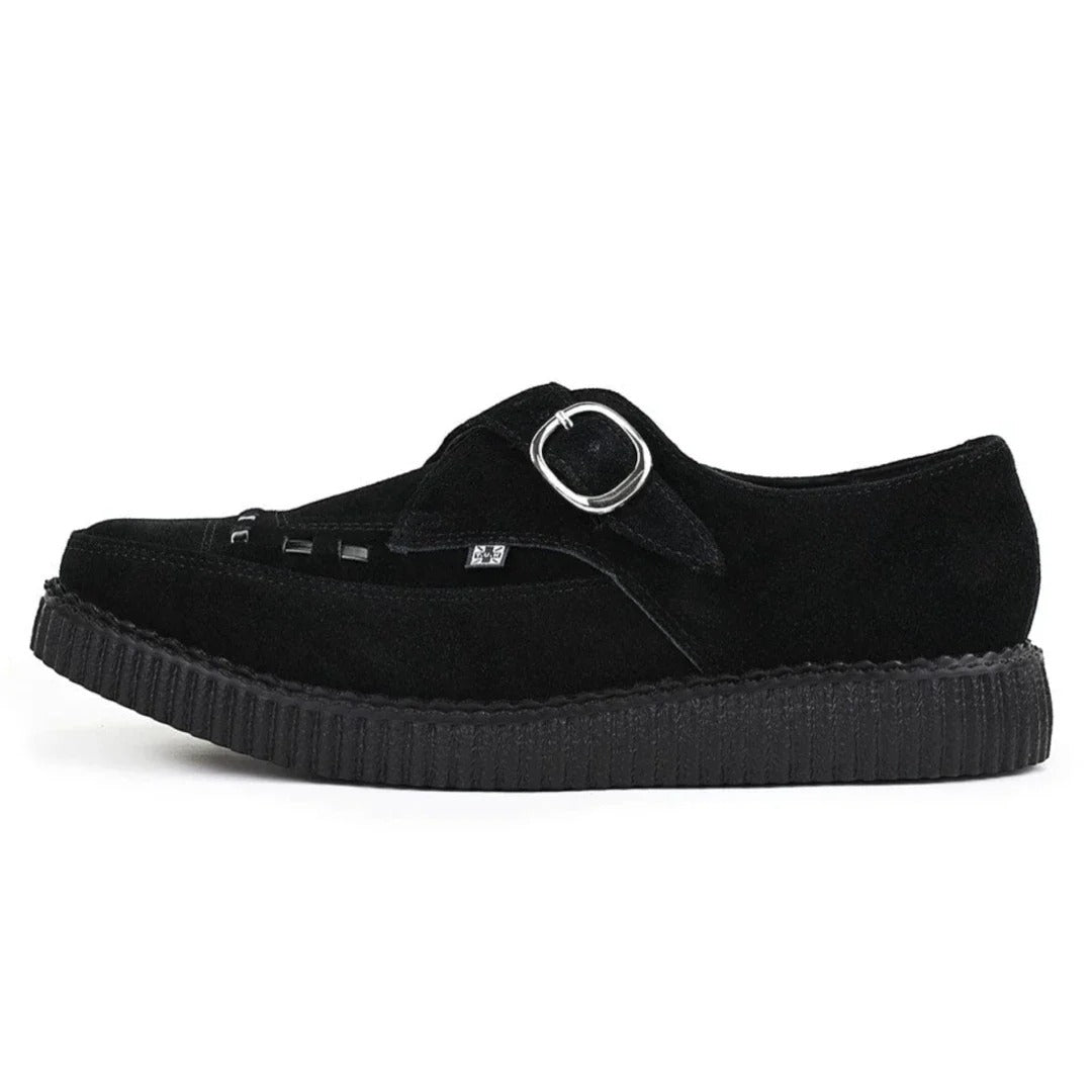 Spitz zulaufende Creeper-Plateauschuhe aus schwarzem Wildleder mit Monk-Schnalle