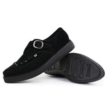 Spitz zulaufende Creeper-Plateauschuhe aus schwarzem Wildleder mit Monk-Schnalle