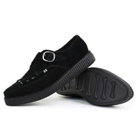 Spitz zulaufende Creeper-Plateauschuhe aus schwarzem Wildleder mit Monk-Schnalle