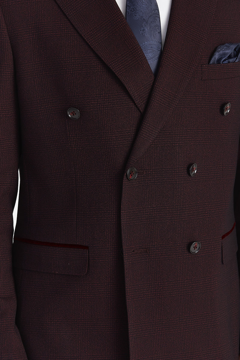 Regent - Brugundy karierter zweireihiger Blazer für Herren