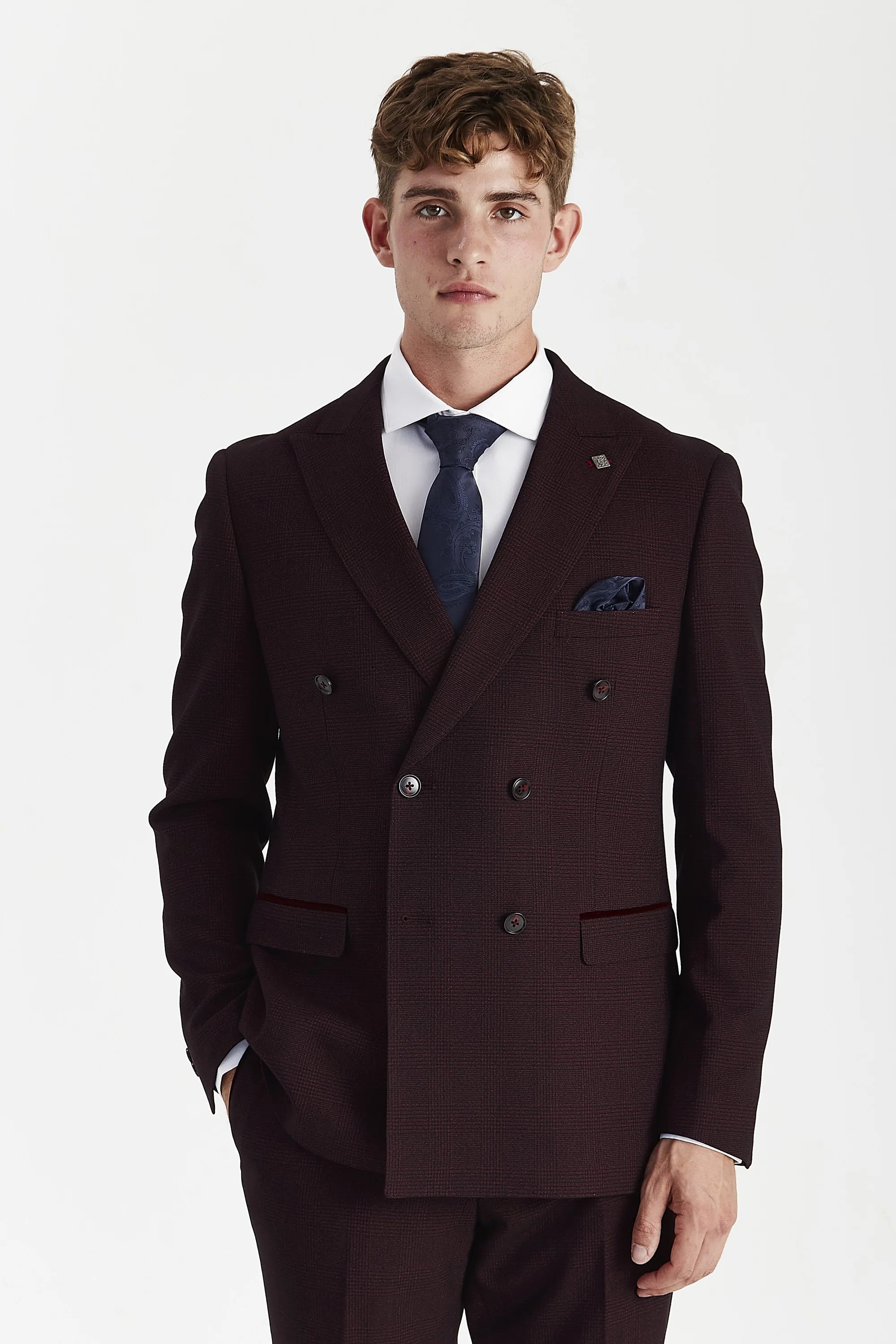 Regent - Brugundy karierter zweireihiger Blazer für Herren