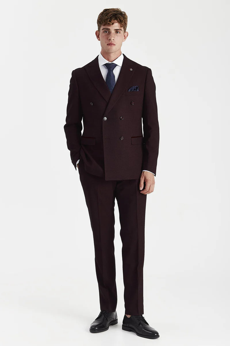 Regent - Brugundy karierter zweireihiger Blazer für Herren