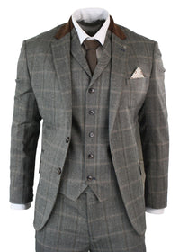 Mens Check Tweed 3 Piece Blue Navy Suit Vintage Retro Tailored Fit Prince Of Wales