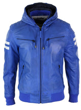 Men's Realy Leather Bomber Jacket with Hood-Blue
